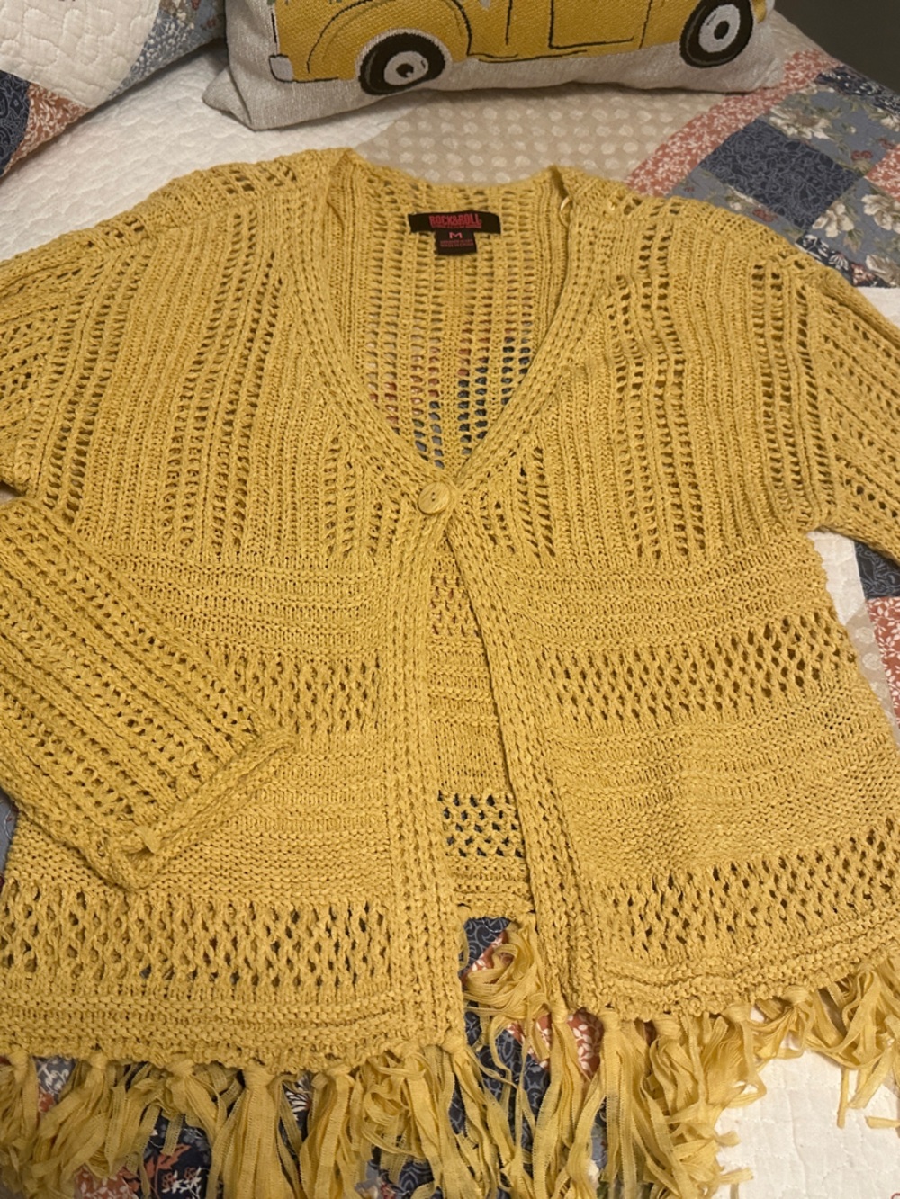 Openwork Fringe Cardigan Sweater - Mustard Yellow